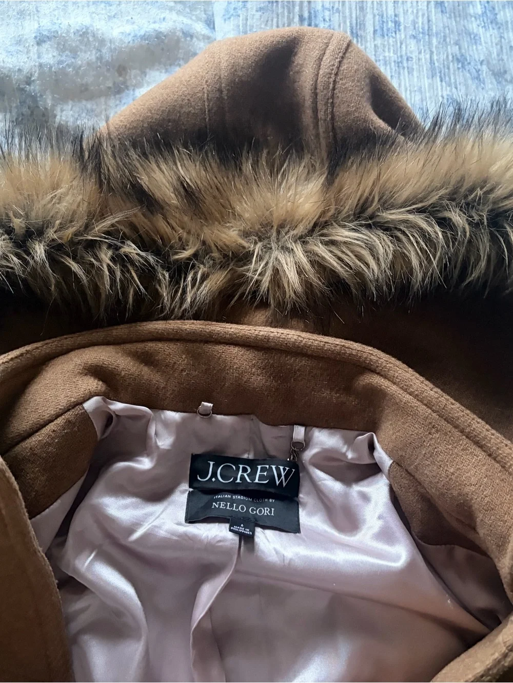 J. Crew Camel Wool-Blend Hooded Pea Coat with Faux-Fur Trim